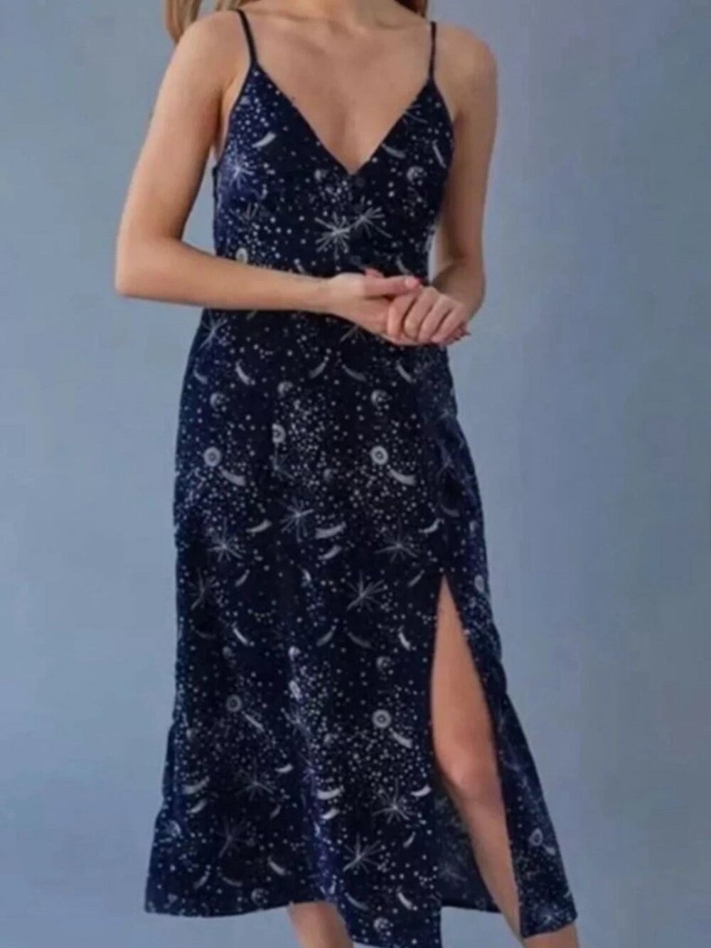 Urban Outfitters Women's XS Navy Blue and White Celestial Cosmic Midi Dress